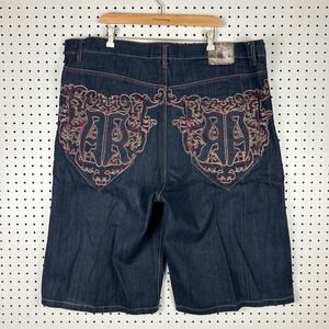 Red Ape Authentic Denim Shorts Size 46 Embroidered Baggy Y2K Hip Hop Gothic Blue